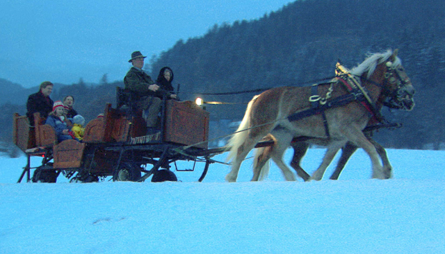 A sleigh ride at dusk in the Alps.